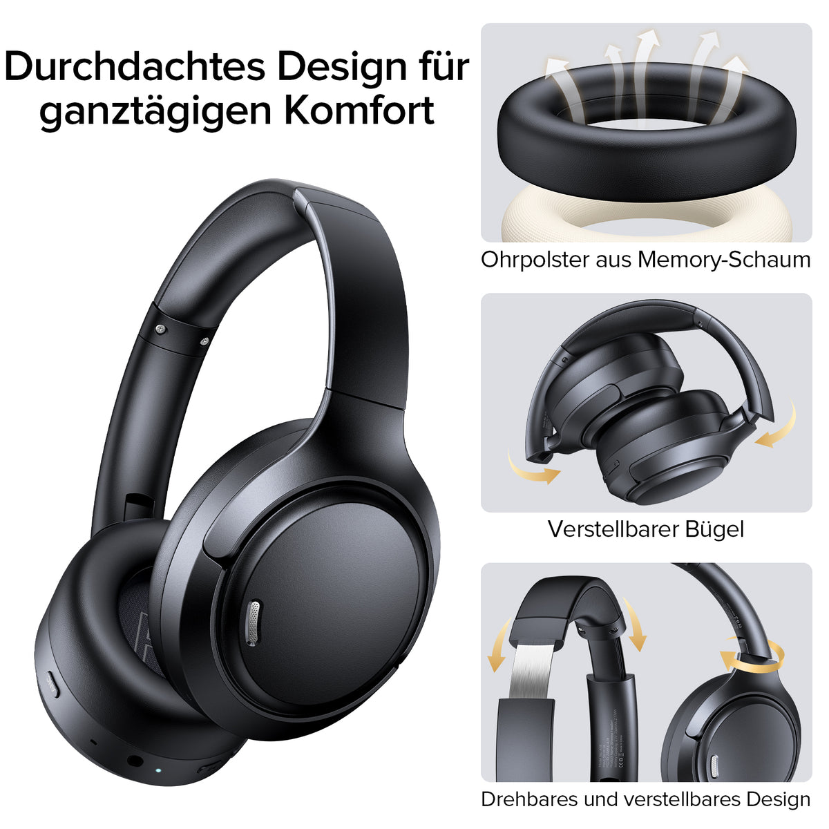 Bluetooth Kopfhörer Over-Ear-Kopfhörer Hybrid ANC 45 dB Transparenzmodus 120 Stunden Akkulaufzeit 6-Mikrofon-ENC Hi-Res Audio komfortable Ohrpolster geringe Latenz Bluetooth 6.0 für Reisen und Sport